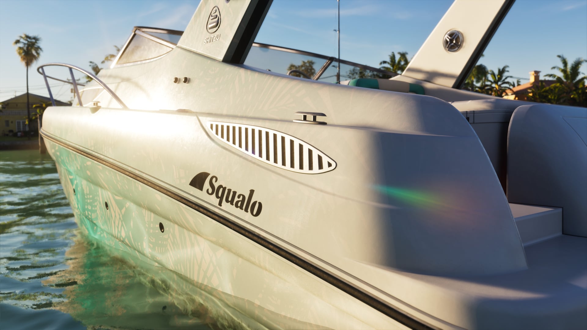 Una lancha Shitzu Squalo amarrada al sol, del material de la Ultimate Edition de Rockstar que menciona Washington Beach.