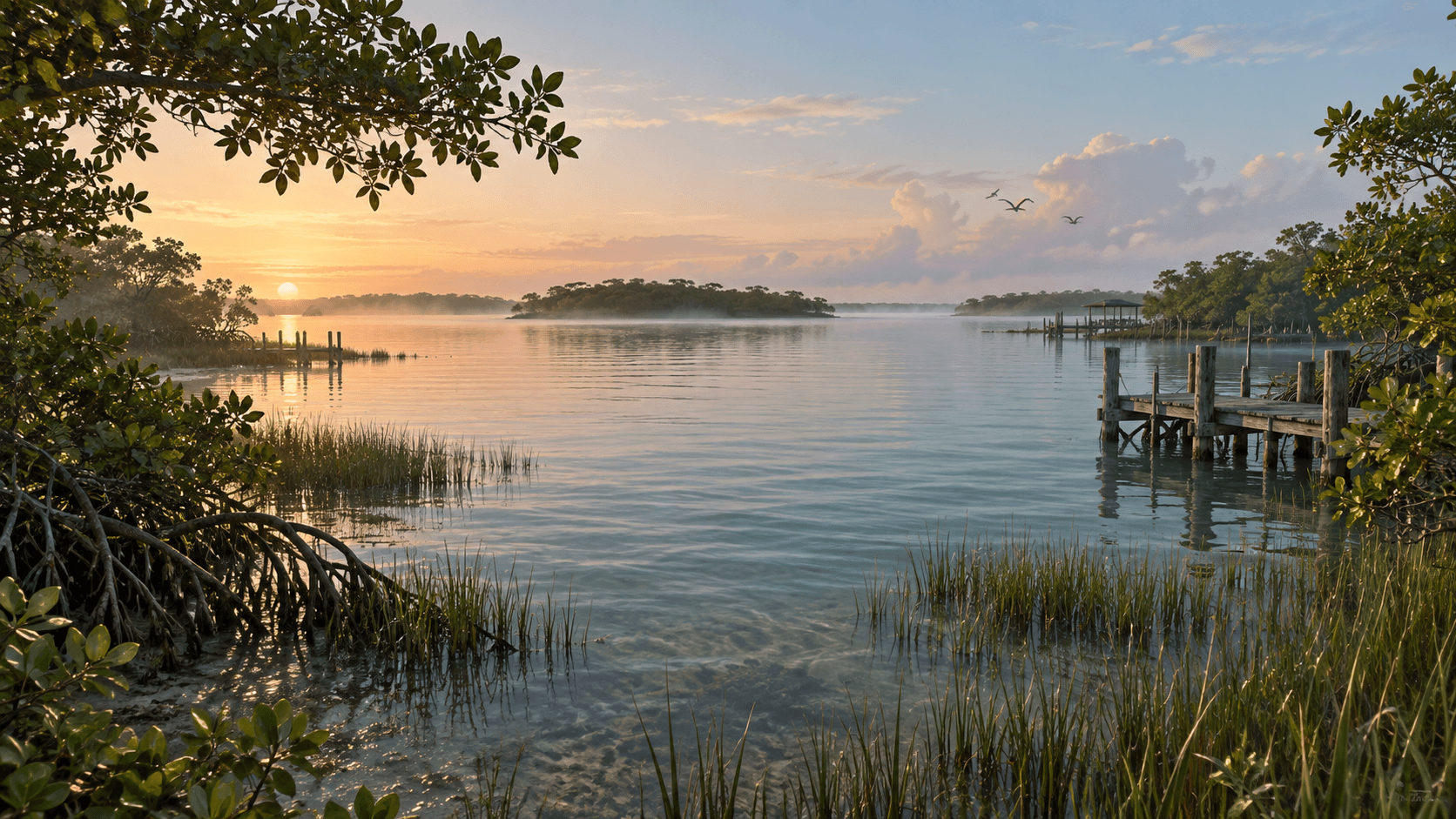 AI-generated editorial illustration of a quiet mangrove-lined Leonida bay; not an official screenshot or confirmed map view.