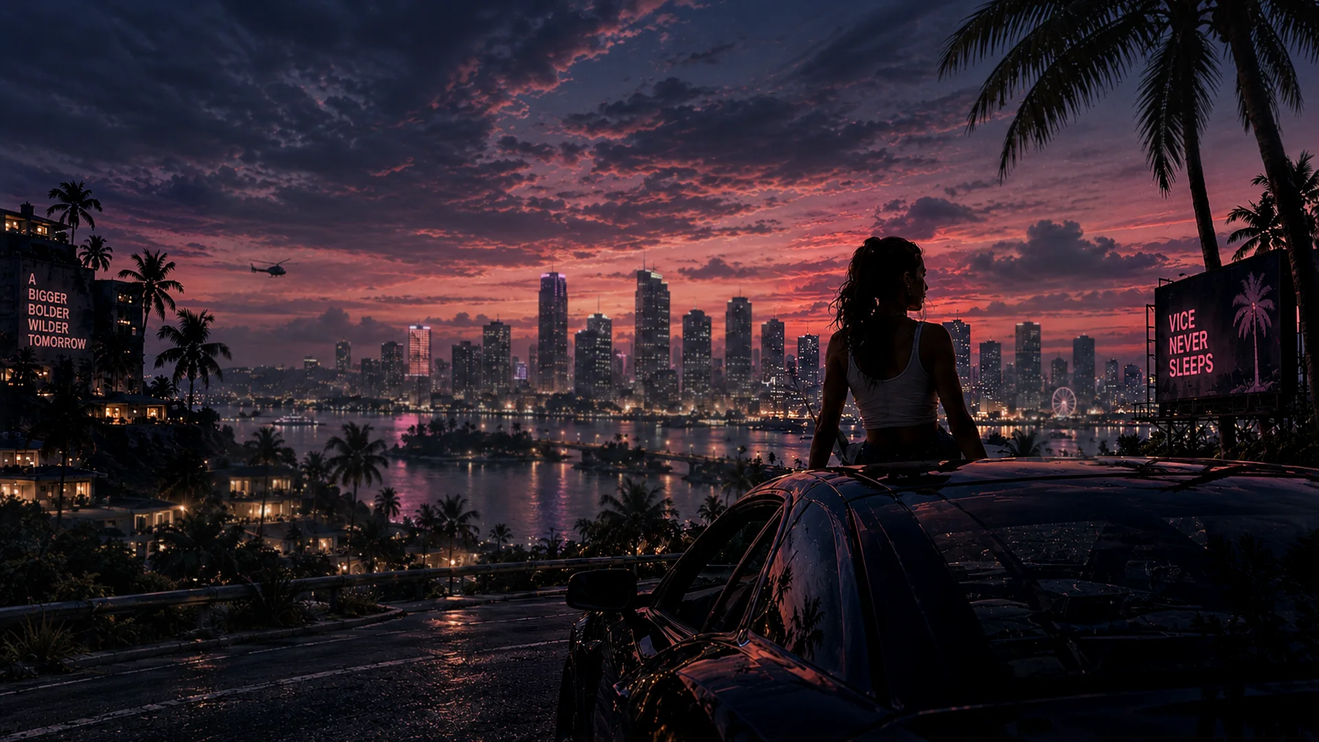 Una mujer mira una ciudad costera al atardecer desde el techo de un auto
