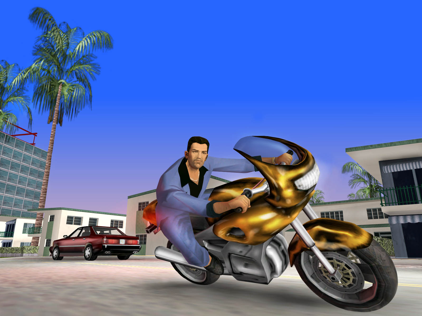 Vice City (2002)|Official Rockstar image from the original Vice City beachfront hotel district.